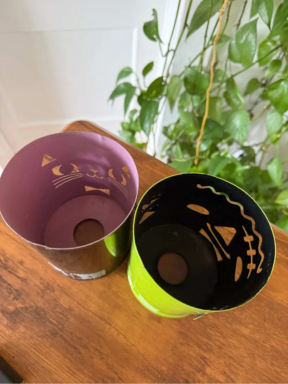 Black Cat and Lime Green Frankenstein Decorative Metal Candle Holders